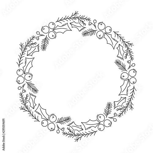 Christmas monoline vector wreath with cone branches, snowflakes and berries with place for text. Isolated xmas illustration for greeting card, poster and web