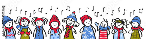 Choir, carol singers, stick figures in winter clothing singing song, banner