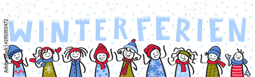 WINTERFERIEN Kinder in Winterkleidung im Schnee, Stichmännchen
