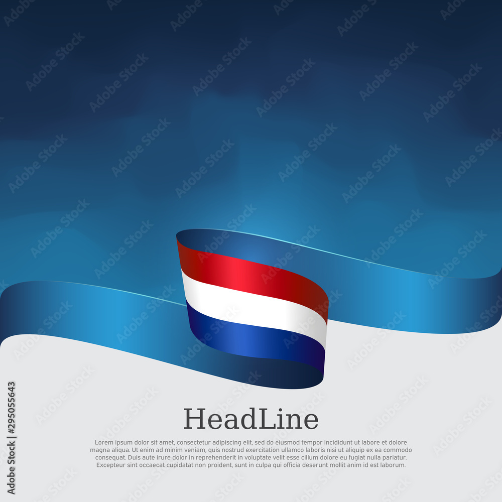 Fototapeta premium Netherlands flag background. Netherlands flag wavy ribbon on blue white background. National poster. Vector design. State patriotic banner, cover, flyer