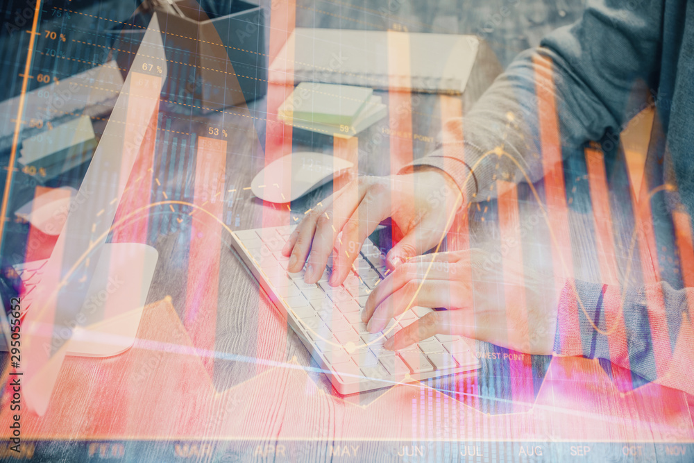 Double exposure of financial graph with man works in office on background. Concept of analysis. Double exposure of financial graph with man works in office on background. Concept of analysis.