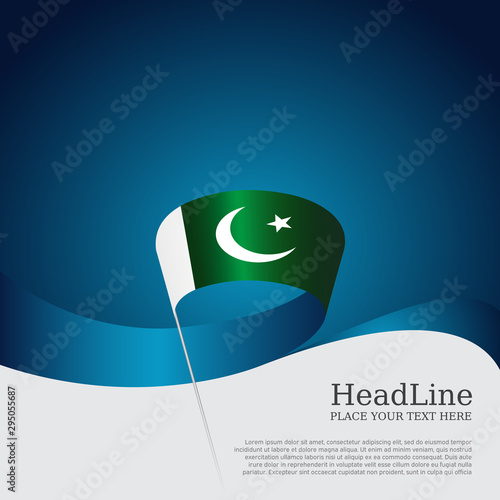 Pakistan flag background. Vector design. Wavy ribbon colors flag of pakistan on blue white background. National poster. State patriotic banner, cover, flyer