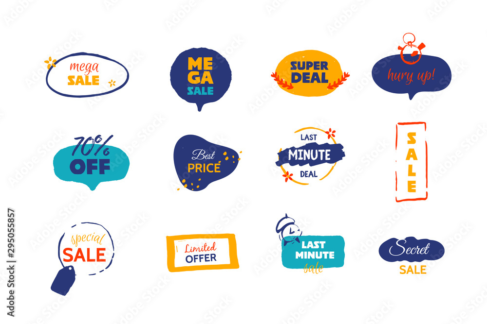 Modern Mega Sale deal grunge label, promo banner with circle, star background. Price tag badge, speech bubble
