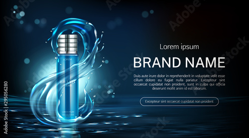 Cosmetics bottle anti aging product tube with infinity sign water splash mock up banner. Beauty cosmetic package on sea surface background. Night moisturize lotion. Realistic 3d vector illustration
