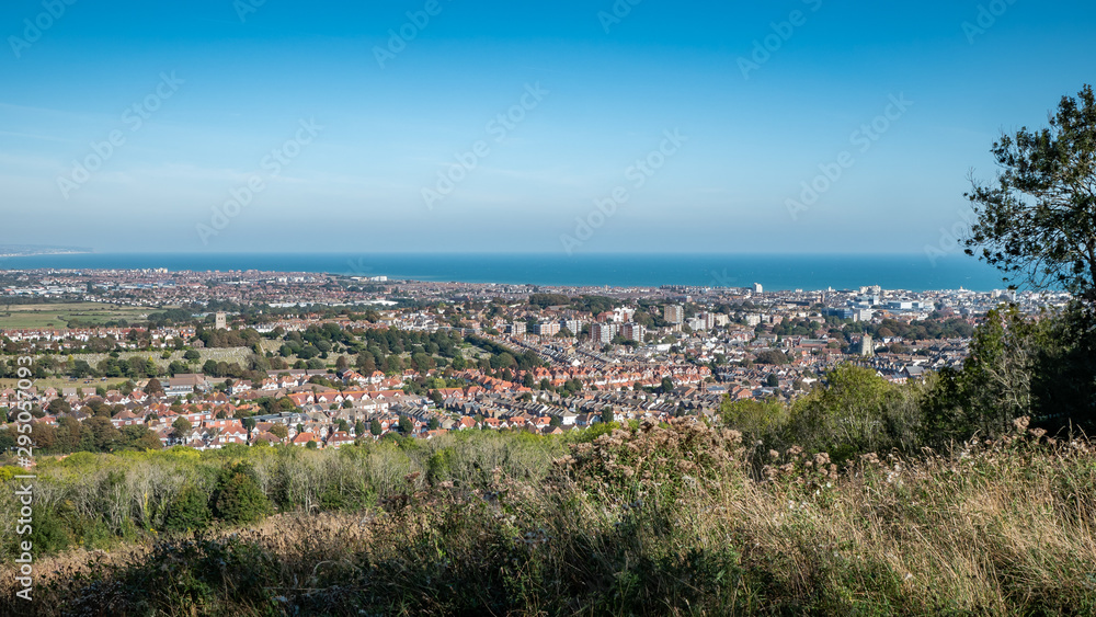 Eastbourne, East Sussex, England. An elevated view of the popular English south coast resort town with an elevated view from the South Downs.