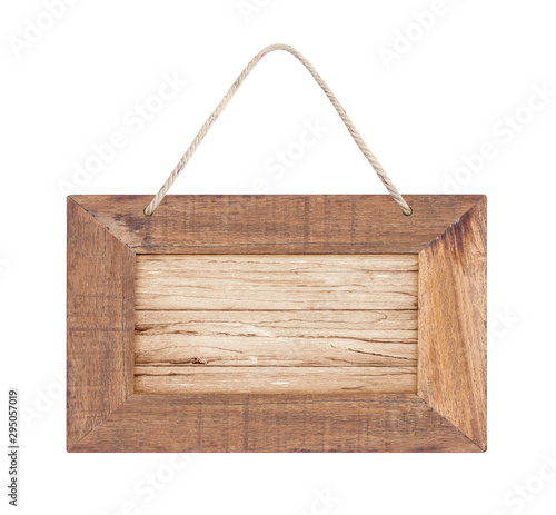 empty wooden sign with lope for hang on white background with clipping path photo