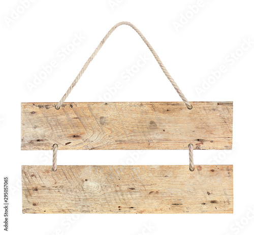 empty wooden sign with lope for hang on white background with clipping path photo