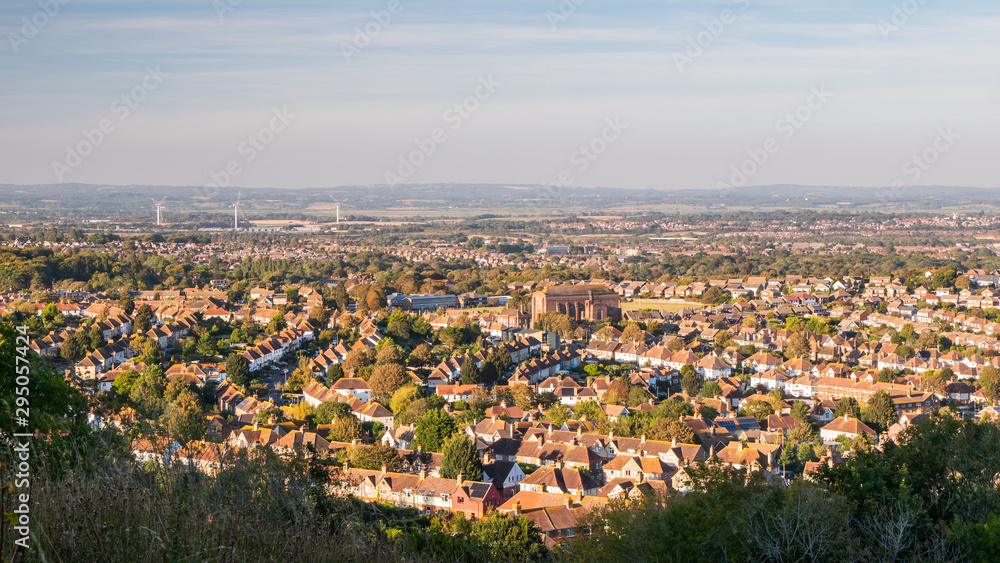 Eastbourne, East Sussex, England. An elevated view of the Old Town of the popular south coast seaside resort viewed from the South Downs.