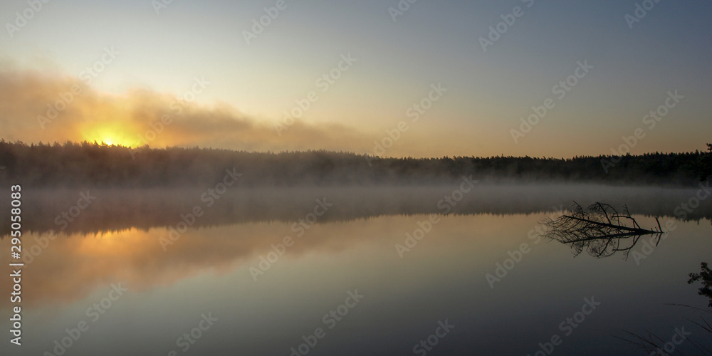 beautiful mist on the lake, outline, sunrise, autumn morning