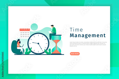 Productivity and time management concept illustration. Men and women sit working on their laptops. Landing page illustration for website.