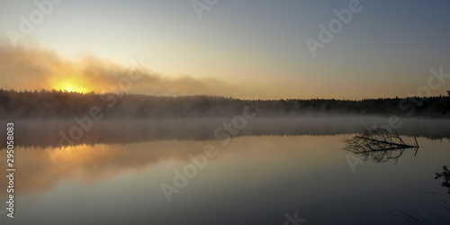 beautiful mist on the lake, outline, sunrise, autumn morning