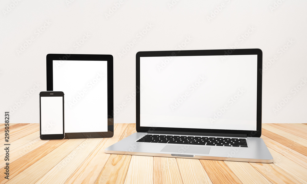 Blank Computer, laptop, smartphone, tablet,on wood table background, workspace, mock up, illustration 3D rendering Blank Computer, laptop, smartphone, tablet,on wood table background, workspace, mock up, illustration 3D rendering