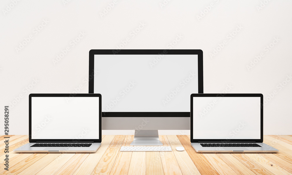 Blank Computer, laptop, on wood table background, workspace, mock up, illustration 3D rendering