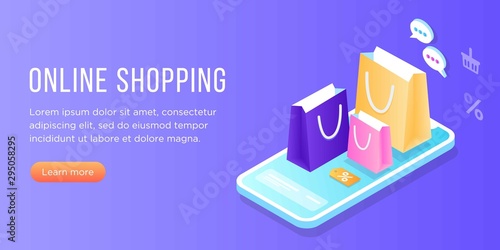 Flat isometric online shopping e-commerce concept: phone, clothes, shopping bag, add to cart, discount coupon, Boutique, clothing store. Landing, banner template. transactions on screen. Fast delivery
