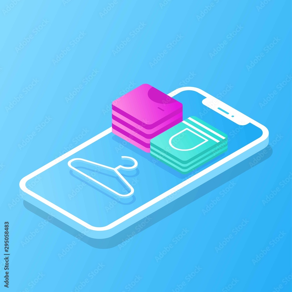 Flat isometric online shopping e-commerce concept: phone, clothes, shopping bag, add to cart, discount coupon, Boutique, clothing store. Landing, banner template. transactions on screen. Fast delivery Flat isometric online shopping e-commerce concept: phone, clothes, shopping bag, add to cart, discount coupon, Boutique, clothing store. Landing, banner template. transactions on screen. Fast delivery