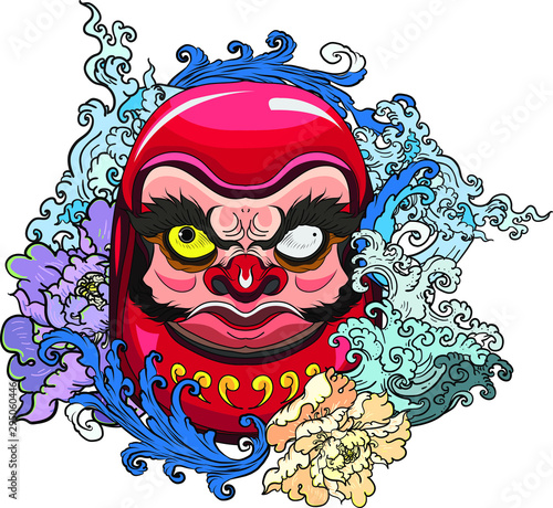 Japanese doll Daruma tattoo with peony flower and water splash.Art of japanese tattoo design.