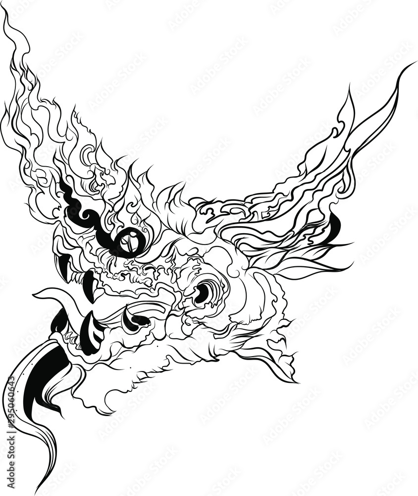 Hand drawn Silhouette dragon.Chinese dragon tattoo.Black and white ...