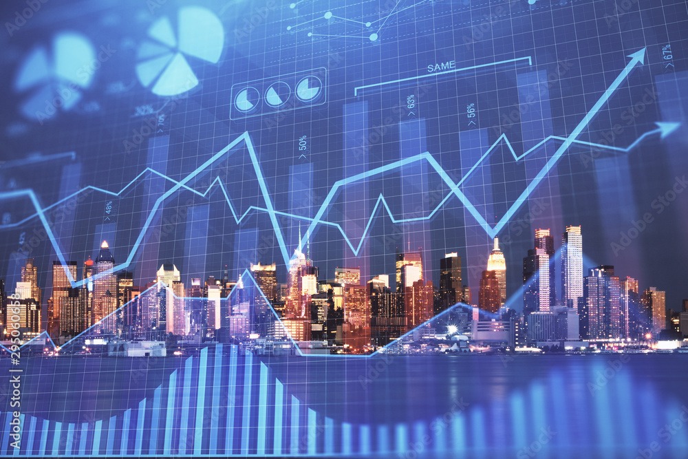 Financial graph on night city scape with tall buildings background double exposure. Analysis concept. Financial graph on night city scape with tall buildings background double exposure. Analysis concept.