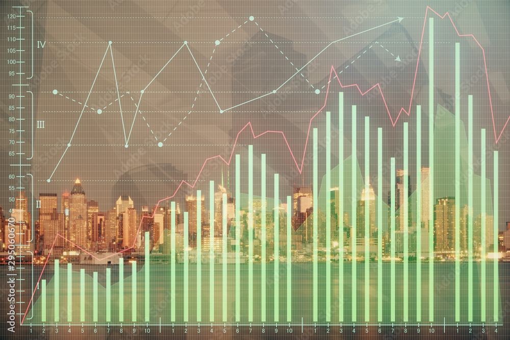 Financial graph on night city scape with tall buildings background double exposure. Analysis concept. Financial graph on night city scape with tall buildings background double exposure. Analysis concept.