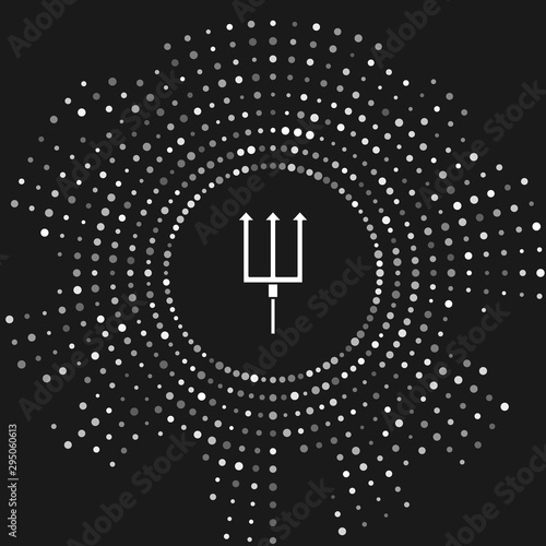 White Neptune Trident icon isolated on grey background. Abstract circle random dots. Vector Illustration