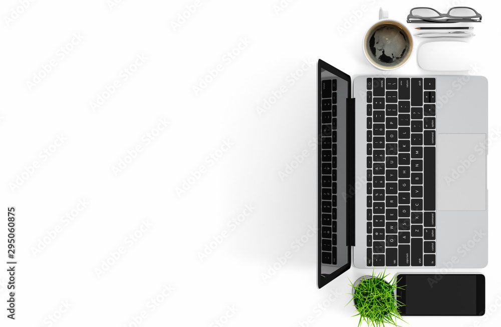 Laptop and smartphone on white table, top view with copy space, 3d illustration