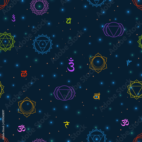 Vector seamless Chakras pattern: muladhara, swadhisthana, manipura, anahata, vishuddha, ajna, sahasrara. Vector line symbol on a dark sky with shining stars. Om sign on a black background