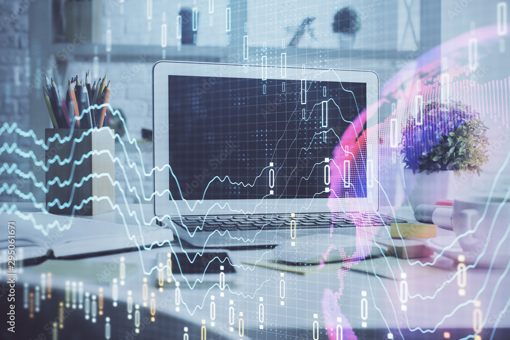 Stock market graph on background with desk and personal computer. Double exposure. Concept of financial analysis. Stock market graph on background with desk and personal computer. Double exposure. Concept of financial analysis.