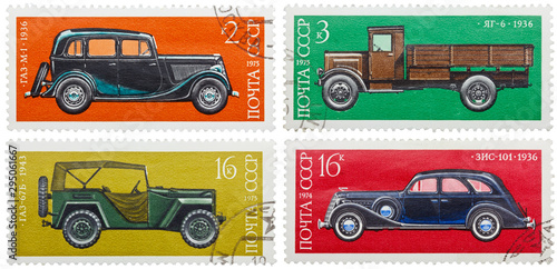 USSR - CIRCA 1975: Collection of stamps printed in USSR, shows russian retro cars, series