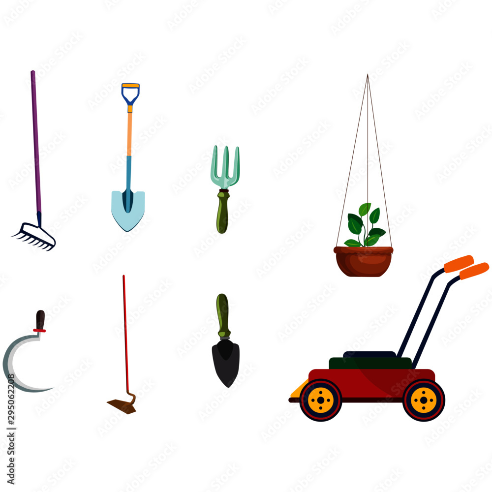 Gardening Tools and Lawn Mower - Cartoon Vector Image Gardening Tools and Lawn Mower - Cartoon Vector Image