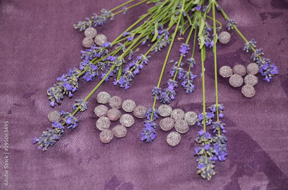 Textures and backgrounds. On a purple textile are sprigs of fresh lavender and candy canes. Textures and backgrounds. On a purple textile are sprigs of fresh lavender and candy canes.