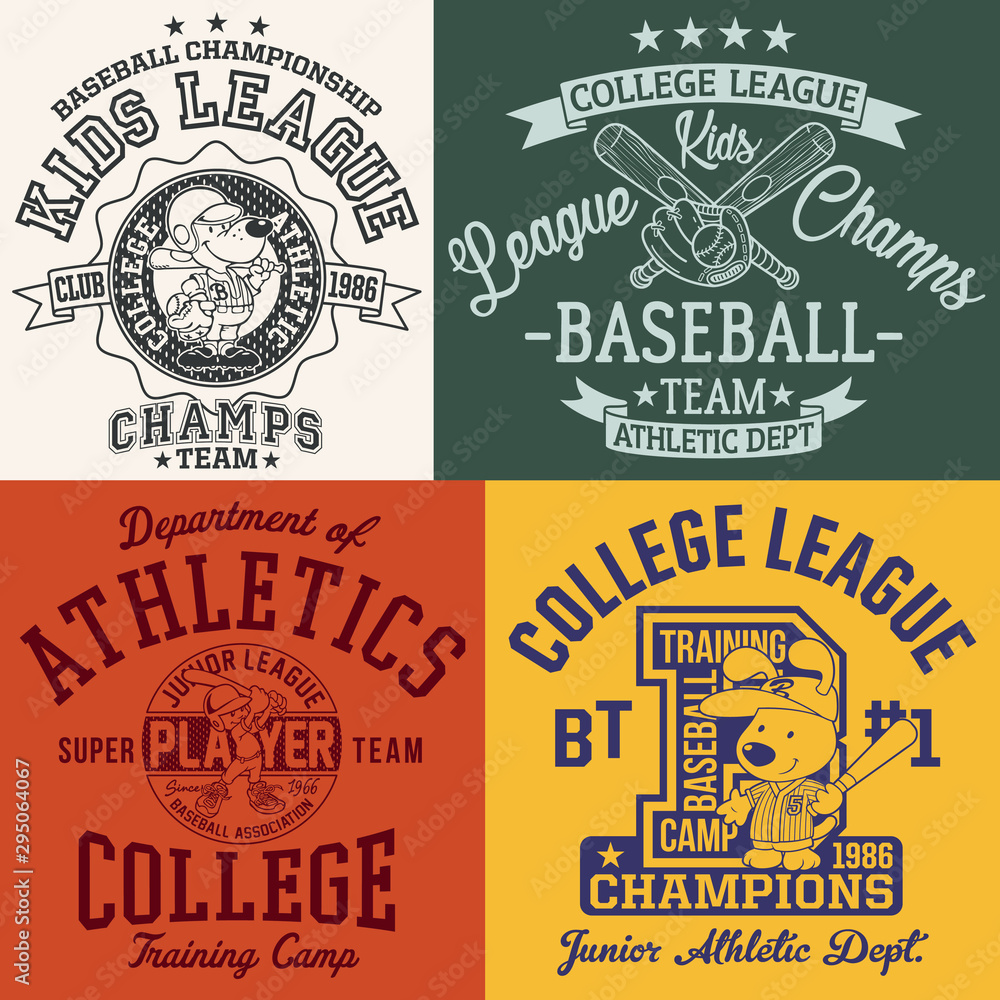 Obraz premium Cute college baseball kid league vector print collection for children sport wear shirt