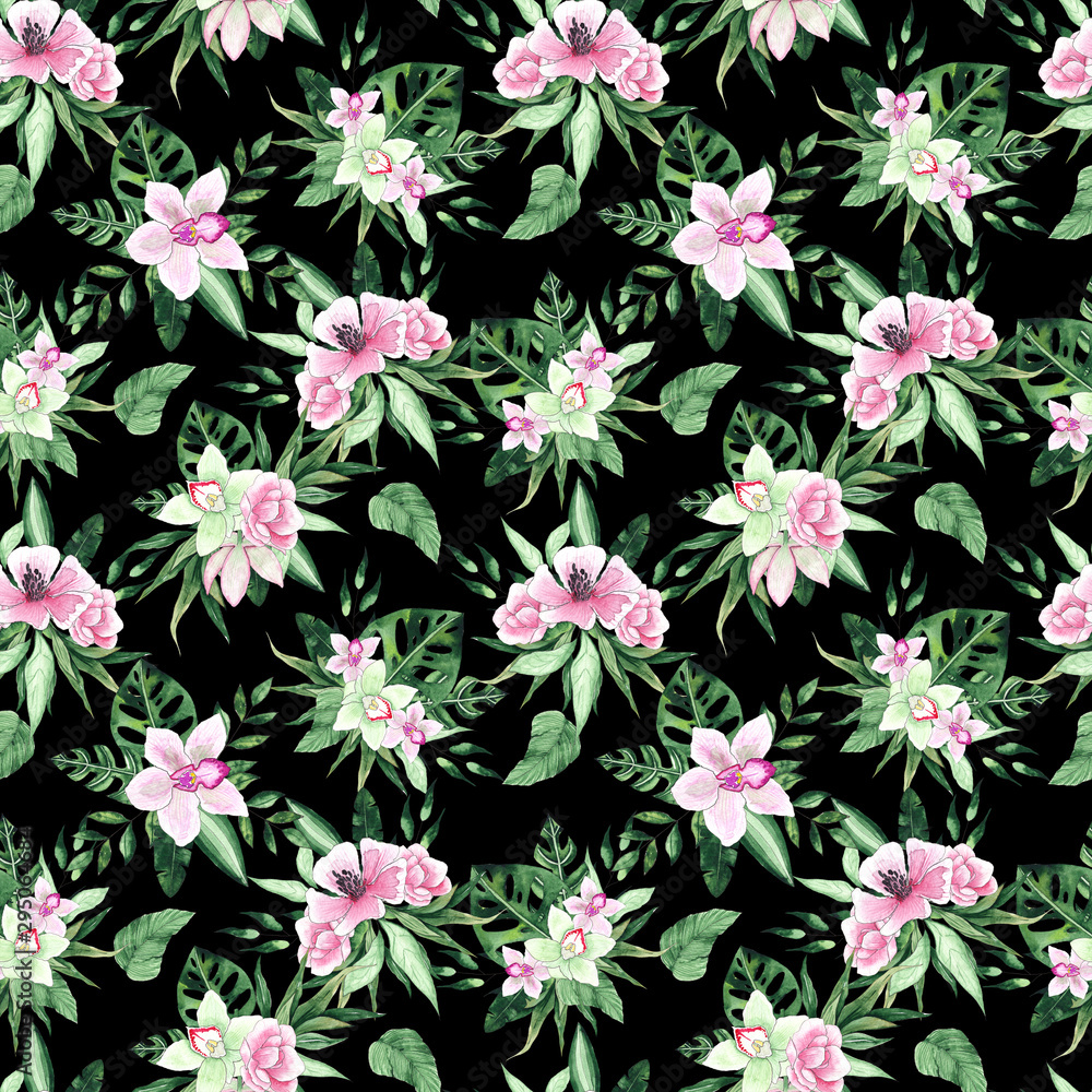 Watercolor handwritten tropical seamless pattern with pink and green flowers orchids and leaves Watercolor handwritten tropical seamless pattern with pink and green flowers orchids and leaves