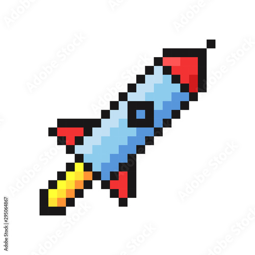 Rocket. Pixel art. Retro game style. Vector illustration.