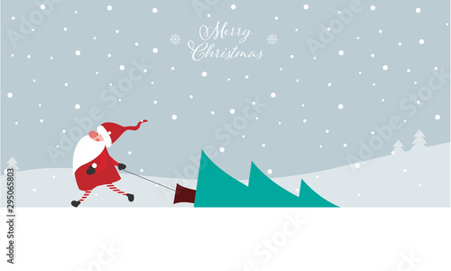 Merry Christmas - Geschenkkarte, Weihnachtswichtel zieht Tannenbaum hinter sich her, Banner