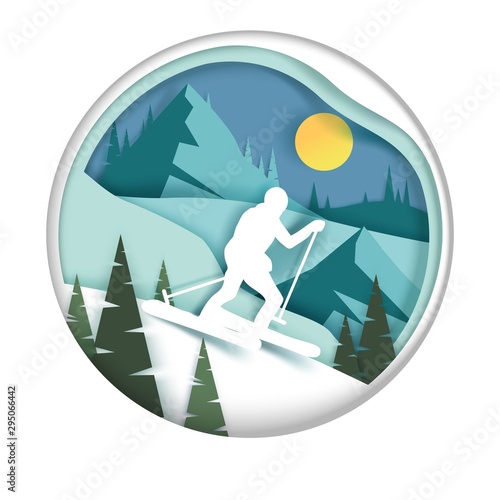 Downhill skiing, vector illustration in paper art style