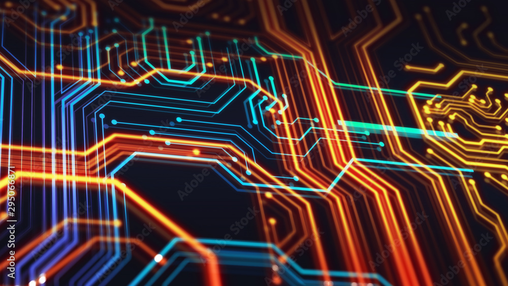 Abstract technological background. Neon circuit board with bokeh effect. Abstract technological background. Neon circuit board with bokeh effect.