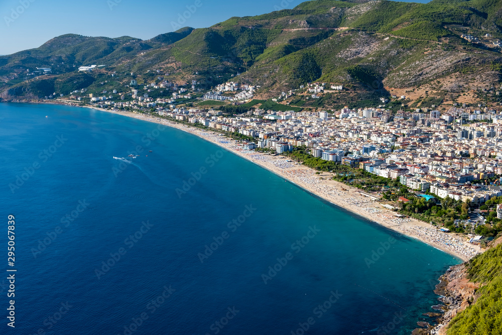 Cleopatra Beach and Mediterranean Sea view from the Castle of Alanya.