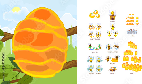 Educational game: assembling internal structure of beehive and honey bee family from ready-made components in form of stickers