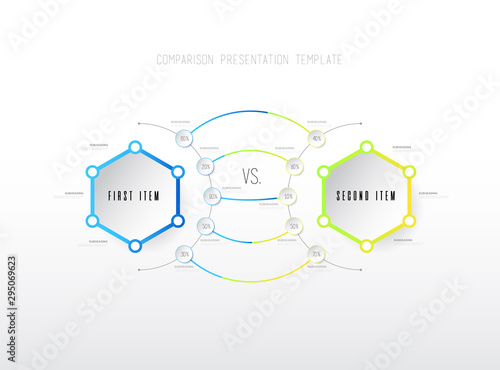 Two items  comparison vector template with hexagons.