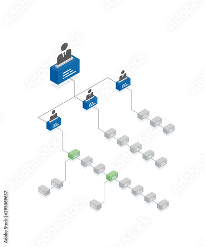 Isometric organization chart template with simple manager icons and place for names and positions.