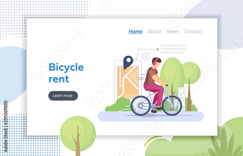 Urban transportation public bicycle sharing system. Smart service for rent bicycles and location. Man rides bike from the station near with electronic payment terminal cartoon vector