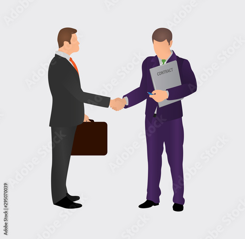 Successful deal concept. Two male businessmen shake hands with each other. Businessmen conclude a contract. Vector illustration, a flat style design.
