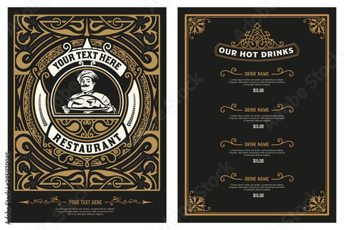 Antique  template for  restaurant menu design with Chef illustration. Vector layered.