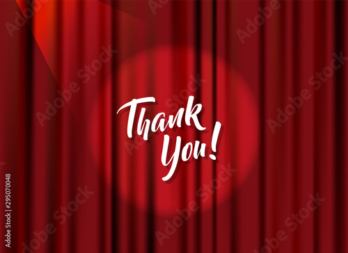 Theater stage with red heavy curtain and Thank you text.