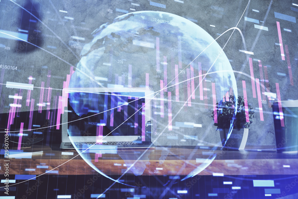 Multi exposure of chart and financial info and work space with computer background. Concept of international online trading. Multi exposure of chart and financial info and work space with computer background. Concept of international online trading.