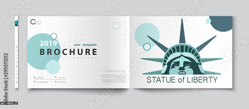Brochure cover design template. Geometric design, portrait of Statue of Liberty. New York. First page, layout. Green and white design. Book, booklet album, poster. Annual report, title.A4 format, text