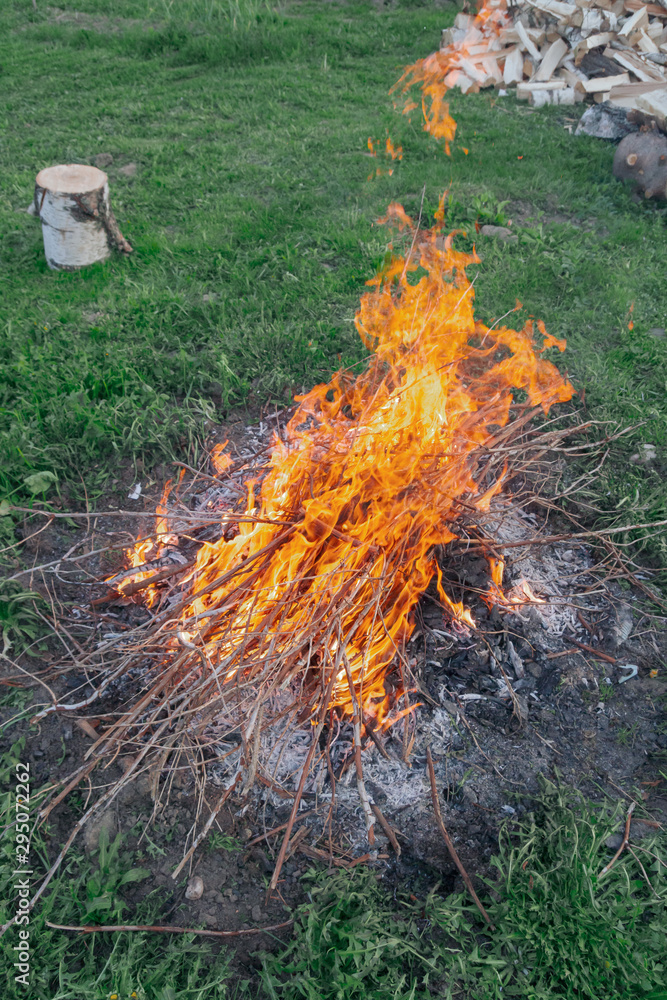 Fire of dry twigs on the green grass Fire of dry twigs on the green grass