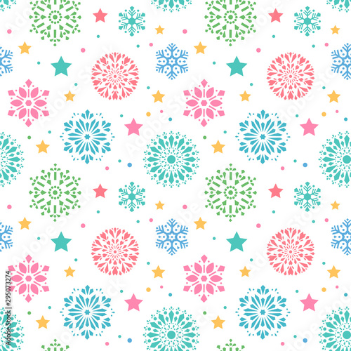 Beautiful Christmas Pattern with Snowflakes  Crystals and Stars. Endless Shape.