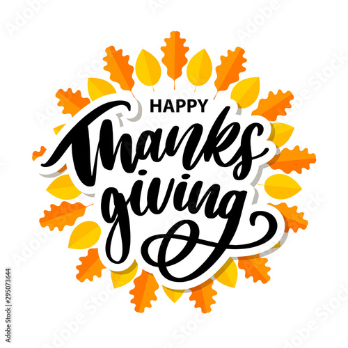 Happy thanksgiving brush hand lettering, isolated on white background. Calligraphy vector illustration. Can be used for holiday design.