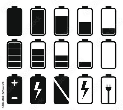 Battery outline icons set. Charge level. Vector illustration image.